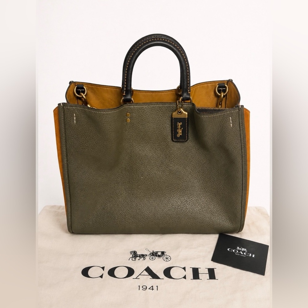Coach Rogue 39 ๐ Olive Green Pebbled Leather Cognac Suede Large Tote Bag